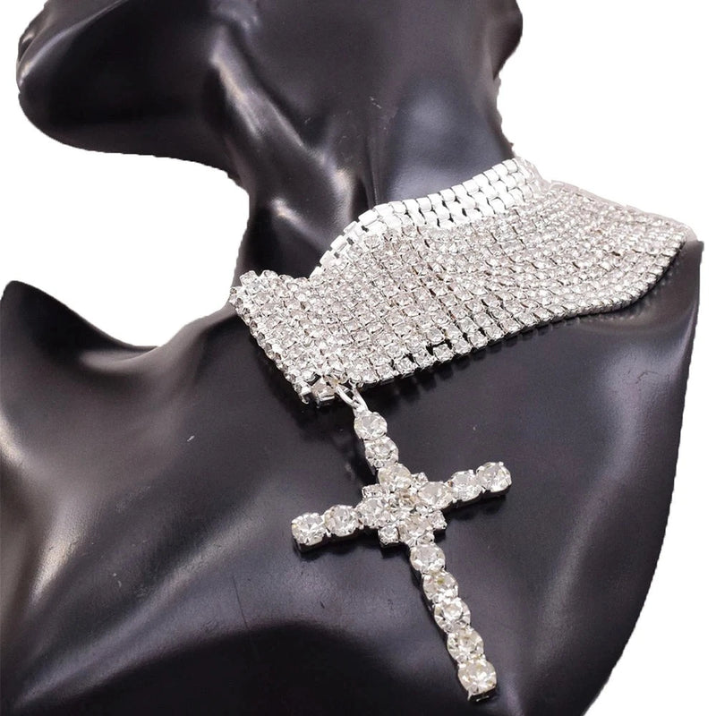 Rhinestone Cross Choker Necklace
